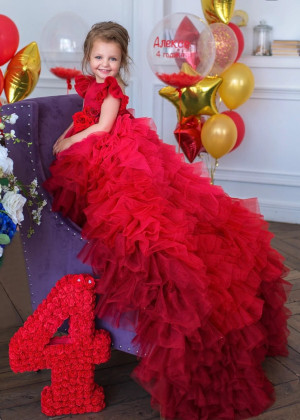 Red Tulle Ruffled High Low Flower Girl Dress